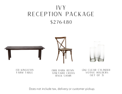 Reception package includes 13 dark wood farm tables, 100 dark resin cross back chairs, and 26 sets of clear cylinder votive holders.