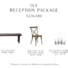 Reception package includes 13 dark wood farm tables, 100 dark resin cross back chairs, and 26 sets of clear cylinder votive holders.