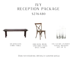 Reception package includes 13 dark wood farm tables, 100 dark resin cross back chairs, and 26 sets of clear cylinder votive holders.