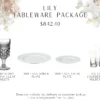 Tableware package includes 100 matching clear glass goblets. 100 white salad and dinner plates, 13 sets of clear cylinder votives.