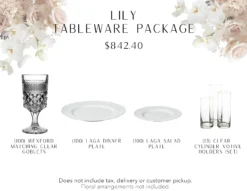 Tableware package includes 100 matching clear glass goblets. 100 white salad and dinner plates, 13 sets of clear cylinder votives.