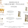 Tableware package includes 100 amber mismatched goblets, 100 white salad and dinner plates, 78 small, medium, and large brass candlesticks.