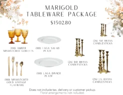 Tableware package includes 100 amber mismatched goblets, 100 white salad and dinner plates, 78 small, medium, and large brass candlesticks.