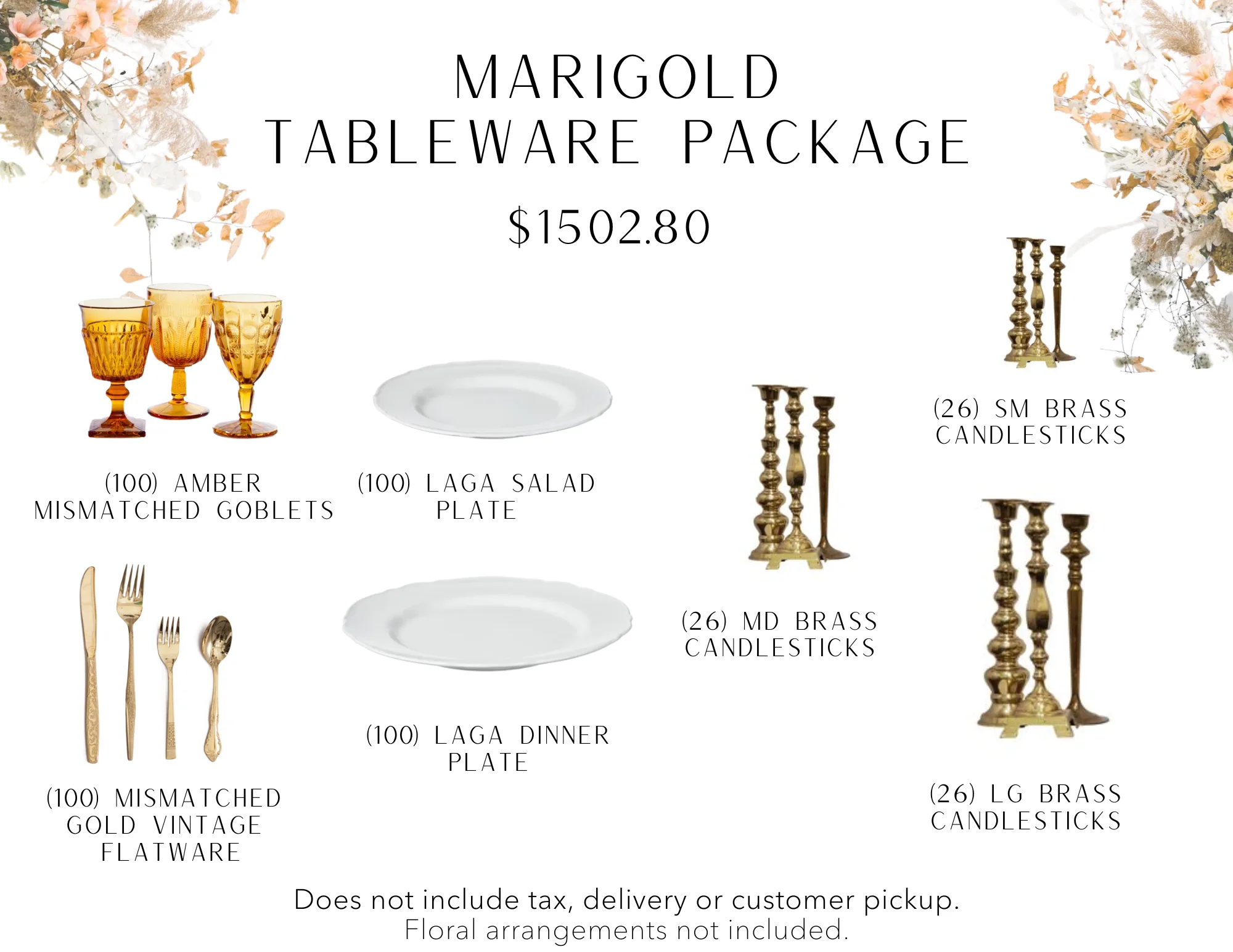 Marigold WEBP Tableware package includes 100 amber mismatched goblets, 100 white salad and dinner plates, 78 small, medium, and large brass candlesticks.