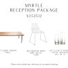 This package includes 17 wood farm tables, 102 modern white wire chairs, and 34 clear cylinder votive holders.