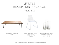 This package includes 17 wood farm tables, 102 modern white wire chairs, and 34 clear cylinder votive holders.