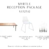 This package includes 17 wood farm tables, 102 modern white wire chairs, and 34 clear cylinder votive holders.