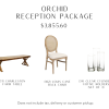 This package includes 17 light wood farm tables, 102 cane back chairs, 34 sets of clear cylinder votive holders.