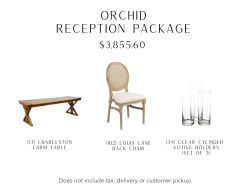 This package includes 17 light wood farm tables, 102 cane back chairs, 34 sets of clear cylinder votive holders.