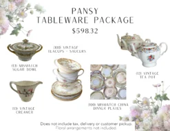 Tableware package includes, 100 mismatched tea cups and saucer, 100 mismatched china dinner plates, 13 teapots, 13 creamer, and 13 sugar bowls. Everything i vintage, mismatched,