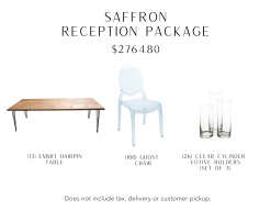 This reception package includes 13 wood farm tables, 100 acrylic chairs, and 26 sets of clear cylinder votive holders.