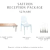 This reception package includes 13 wood farm tables, 100 acrylic chairs, and 26 sets of clear cylinder votive holders.