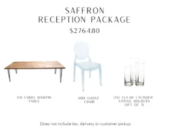 This reception package includes 13 wood farm tables, 100 acrylic chairs, and 26 sets of clear cylinder votive holders.