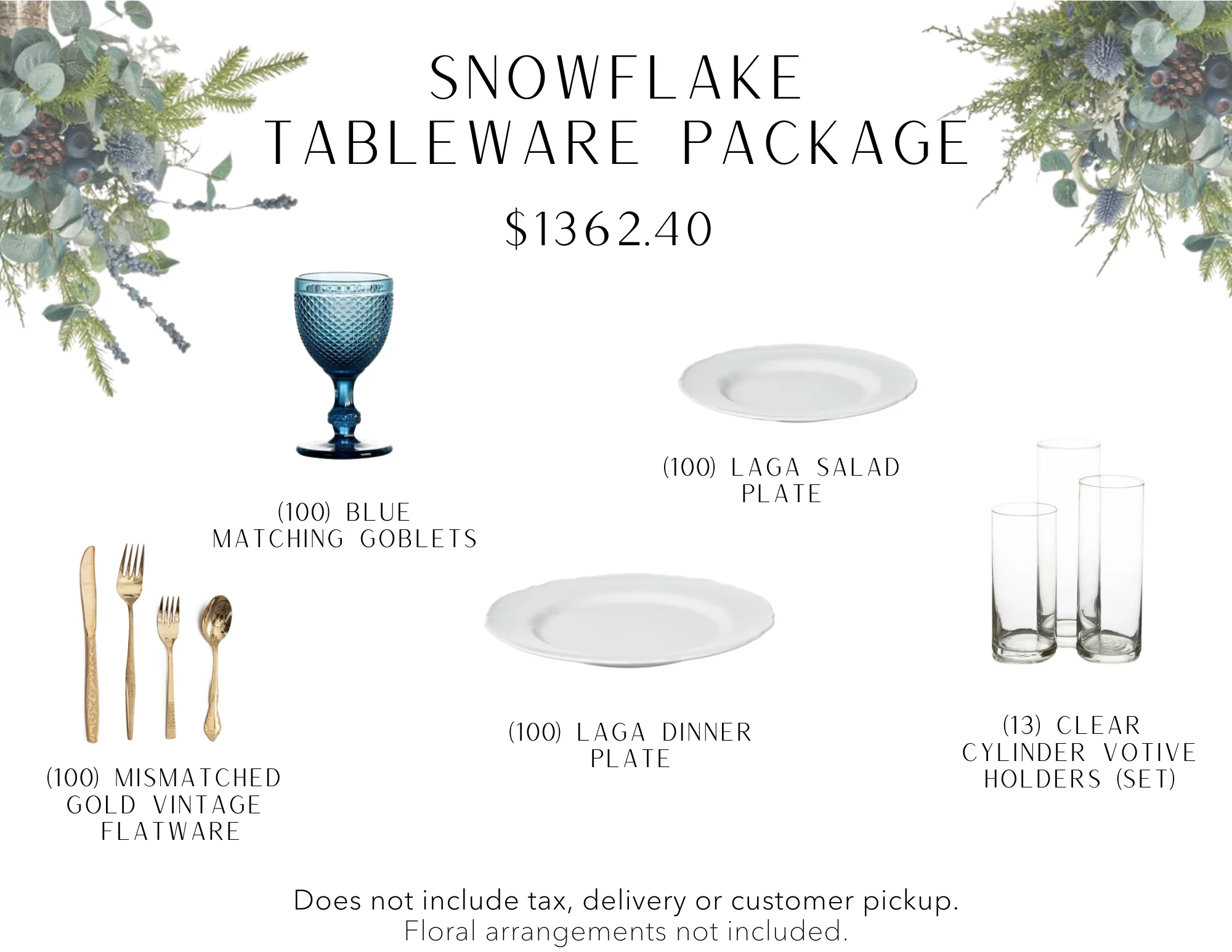Snowflake WEBP 100 matching dark blue goblets, 100 white salad/dinner plates, 100 vintage gold flatware, and 13 clear glass cylinder votives.