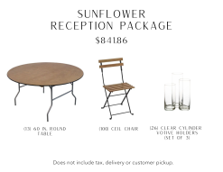 This reception package includes 13 round tables, 100 folding wood chairs, and 26 sets of clear cylinder votive holders.