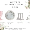 100 matching blush goblets, 100 pink vintage dinner and salad plates, 39 medium glass candlesticks, and 39 small glass candlesticks.