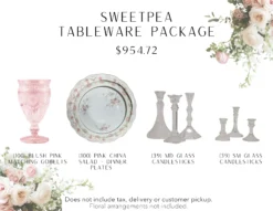 100 matching blush goblets, 100 pink vintage dinner and salad plates, 39 medium glass candlesticks, and 39 small glass candlesticks.