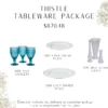 100 teal goblets, 100 white dinner and salad plates, and 39 milk glass bud vases.