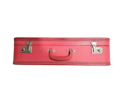Red leather suitcase.