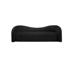 Black sofa with waved back. 1 piece cushion. Sits on the floor, no visible legs.