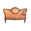 A vintage settee with a carved wooden frame and peach or coral velvet upholstery. The settee features a curved back with a central oval detail, serpentine arms, and cabriole legs. It has a white backdrop.