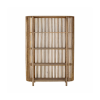 Natural wood four-tier shelf with open slatted sides, ideal for event rentals, bar back setups, champagne displays, or retail product showcasing.