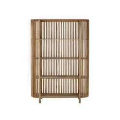 Natural wood four-tier shelf with open slatted sides, ideal for event rentals, bar back setups, champagne displays, or retail product showcasing.