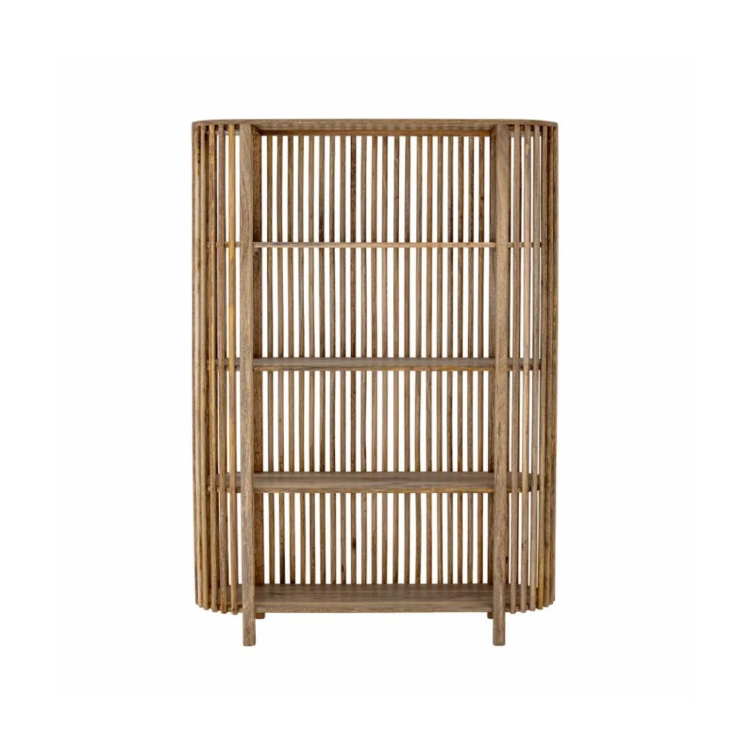 Rodley Display Shelf WEBP Natural wood four-tier shelf with open slatted sides, ideal for event rentals, bar back setups, champagne displays, or retail product showcasing.