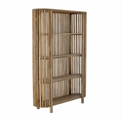 Four-tier wooden shelf with open slatted sides and rounded top corners, finished in natural wood