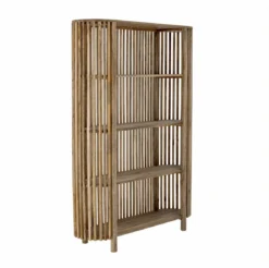 Four-tier wooden shelf with open slatted sides and rounded top corners, finished in natural wood