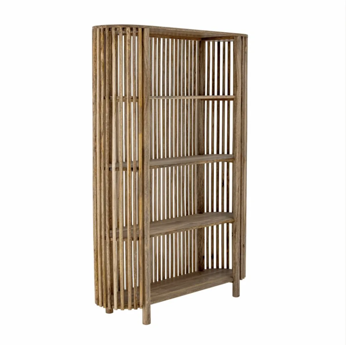 angle view of shelf WEBP Four-tier wooden shelf with open slatted sides and rounded top corners, finished in natural wood