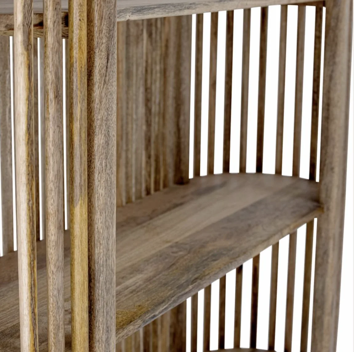 wood shelf close up WEBP Rodley Display Shelf close-up detail of natural wood slats and rounded frame