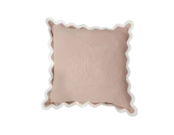 Soft brown pillow with ivory scalloped edges.