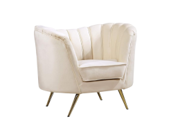 Cream, velvet chair with gold metal legs.