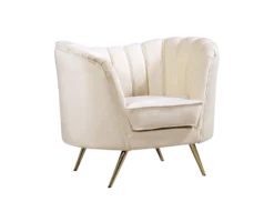 Cream, velvet chair with gold metal legs.