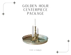 Centerpiece package includes brass candlesticks and mirrored tray