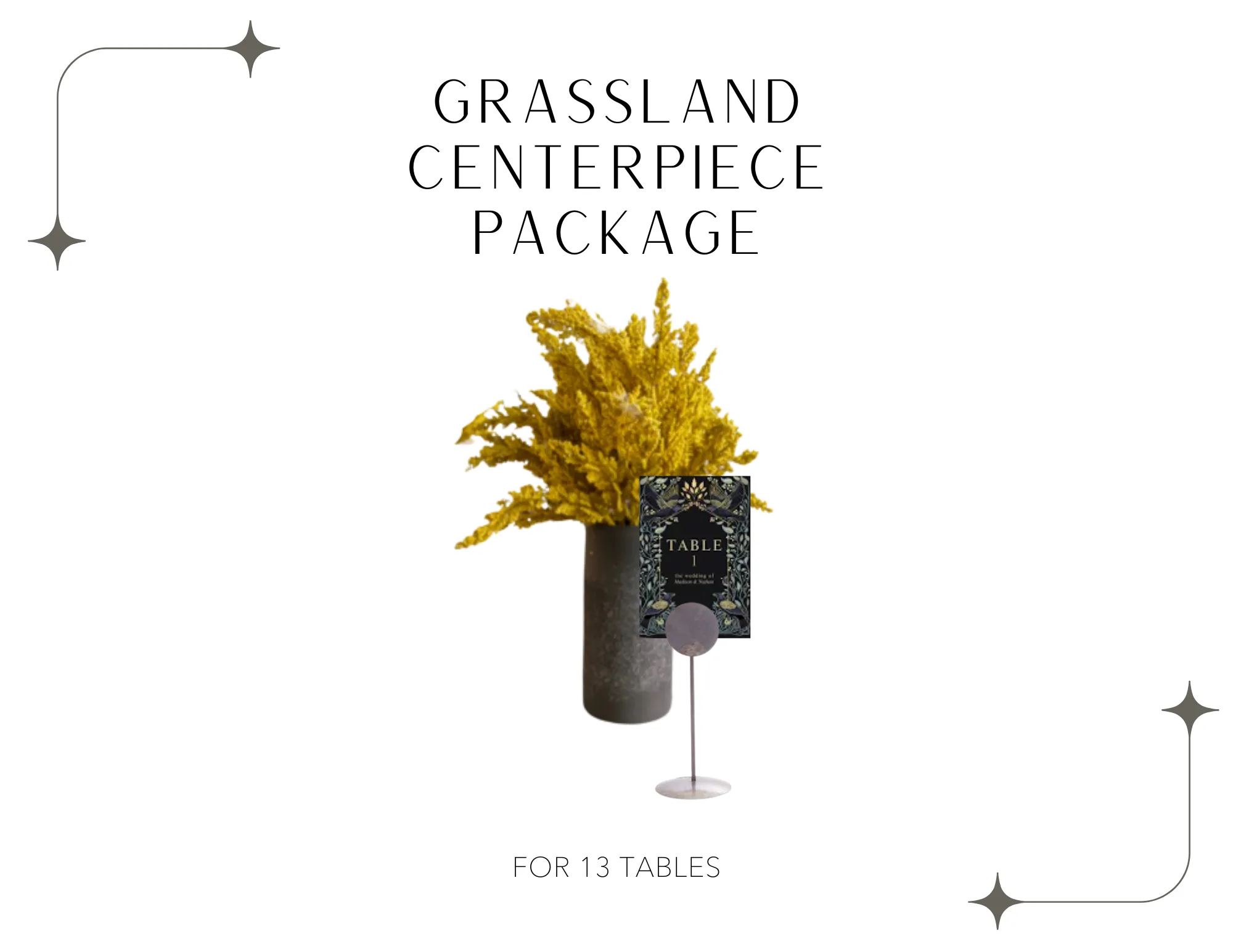 Grassland Centerpeice Package WEBP Package includes a yellow plant with gray vase and a metal card clip.