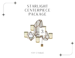 Package includes gold votives, 3 sizes of geometric lanterns, and a gold card clip.