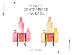 This package inlcudes pink and yellow glass bottles of varying sizes, and a copper sign stand.