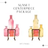 This package inlcudes pink and yellow glass bottles of varying sizes, and a copper sign stand.