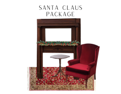 Holiday Package that includes a brown, wooden mantle. red velvet accent chair, wooden table, and a red ornate rug.