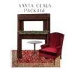 Holiday Package that includes a brown, wooden mantle. red velvet accent chair, wooden table, and a red ornate rug.