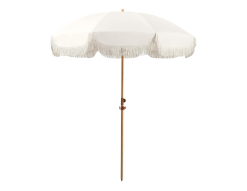 cream colored umbrella with tassles.