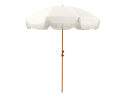 cream colored umbrella with tassles.