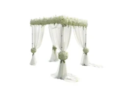 Chroma Backdrop silver metal square structure with draped fabric and floral arrangements for event rental