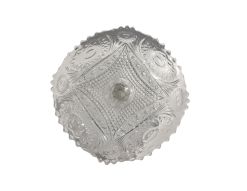 Crystal Heirloom Cake Stand for rent at Violet Vintage Indianapolis: A vintage-style pressed glass cake pedestal featuring an intricately patterned clear glass plate with scalloped edges and a matching tapered base for event dessert displays.