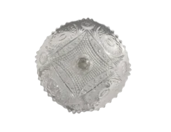 Crystal Heirloom Cake Stand for rent at Violet Vintage Indianapolis: A vintage-style pressed glass cake pedestal featuring an intricately patterned clear glass plate with scalloped edges and a matching tapered base for event dessert displays.