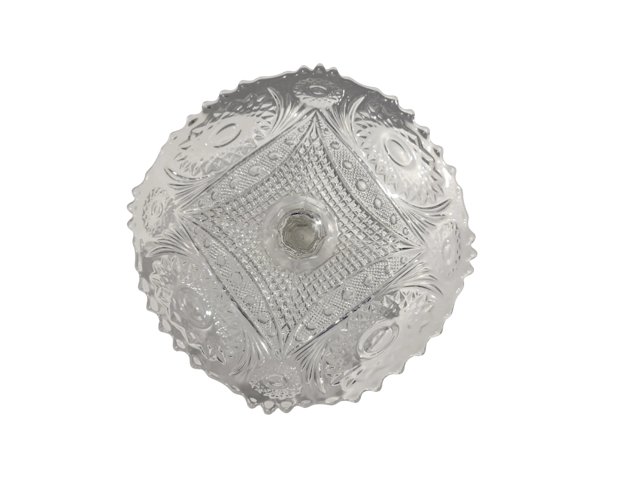 73 WEBP Crystal Heirloom Cake Stand for rent at Violet Vintage Indianapolis: A vintage-style pressed glass cake pedestal featuring an intricately patterned clear glass plate with scalloped edges and a matching tapered base for event dessert displays.