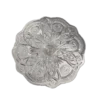 Diamond Jubilee Cake Stand for rent at Violet Vintage Indianapolis: A tall vintage-style pressed glass cake pedestal featuring an intricate starburst and floral pattern, scalloped rims, and a faceted column base for luxury wedding dessert displays.