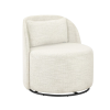 White boucle chair that swivels and has a black swivel on very bottom.